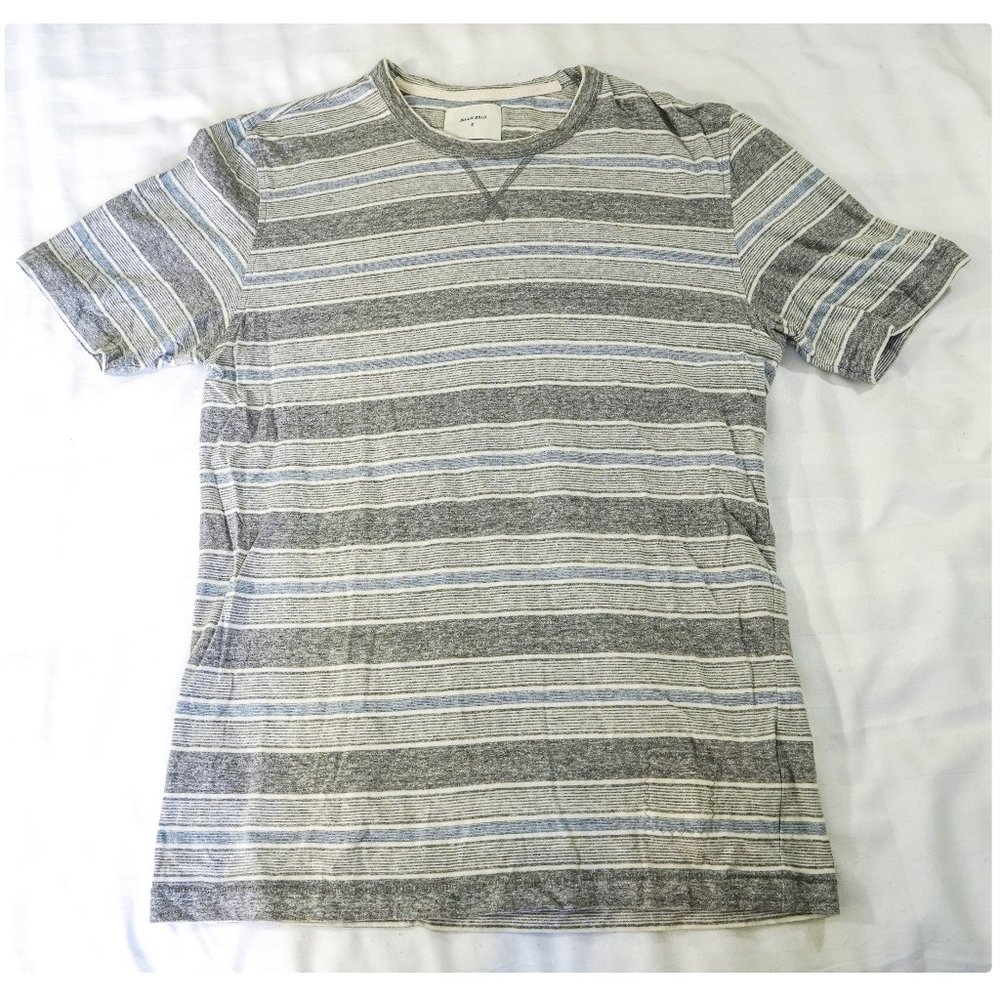 BILLY REID Men's Cotton Crewneck T-shirt, Gray White Blue Stripe, Sz. Small